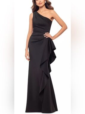 Xscape Black One-Shoulder Ruffle Scuba Gown, size 10